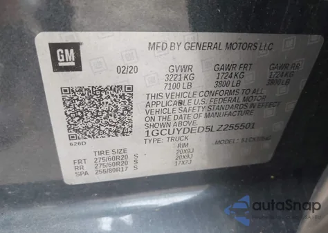 2020 Chevrolet Silverado 1500 4Wd Short Bed Lt из США, поврежденный, VIN 1GCUYDED5LZ255501